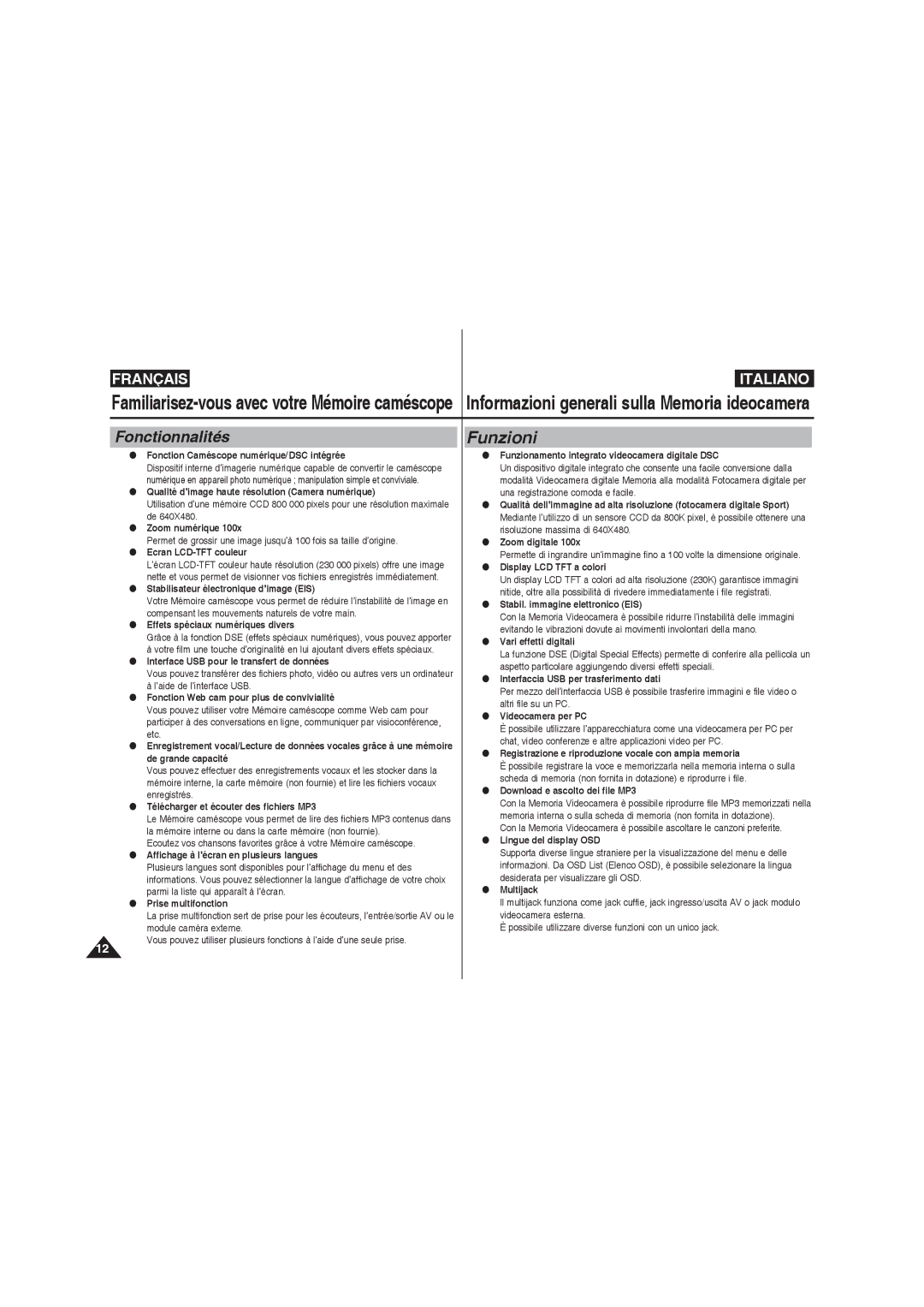 Samsung VP-MM11S/XEF, VP-MM11S/XET, VP-MM12S/XET, VP-MM12BL/XET manual Fonctionnalités 