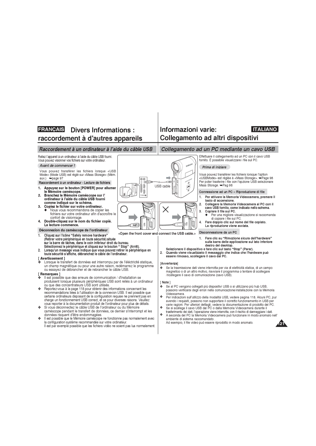 Samsung VP-MM11S/XET, VP-MM11S/XEF, VP-MM12S/XET, VP-MM12BL/XET manual Collegamento ad un PC mediante un cavo USB 