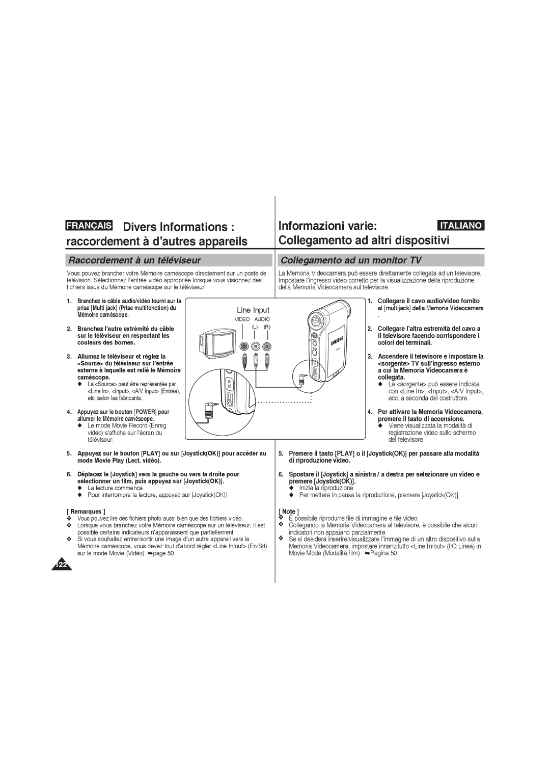 Samsung VP-MM12S/XET, VP-MM11S/XEF, VP-MM11S/XET, VP-MM12BL/XET Raccordement à un téléviseur, Collegamento ad un monitor TV 