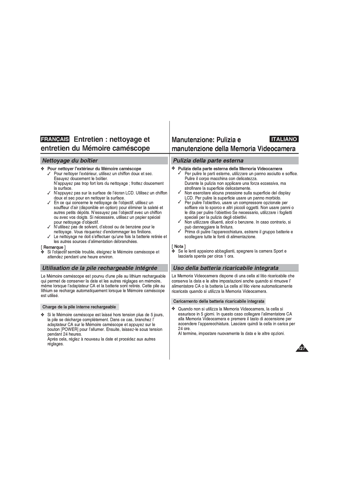 Samsung VP-MM12BL/XET Entretien nettoyage et Manutenzione Pulizia e, Nettoyage du boîtier, Pulizia della parte esterna 