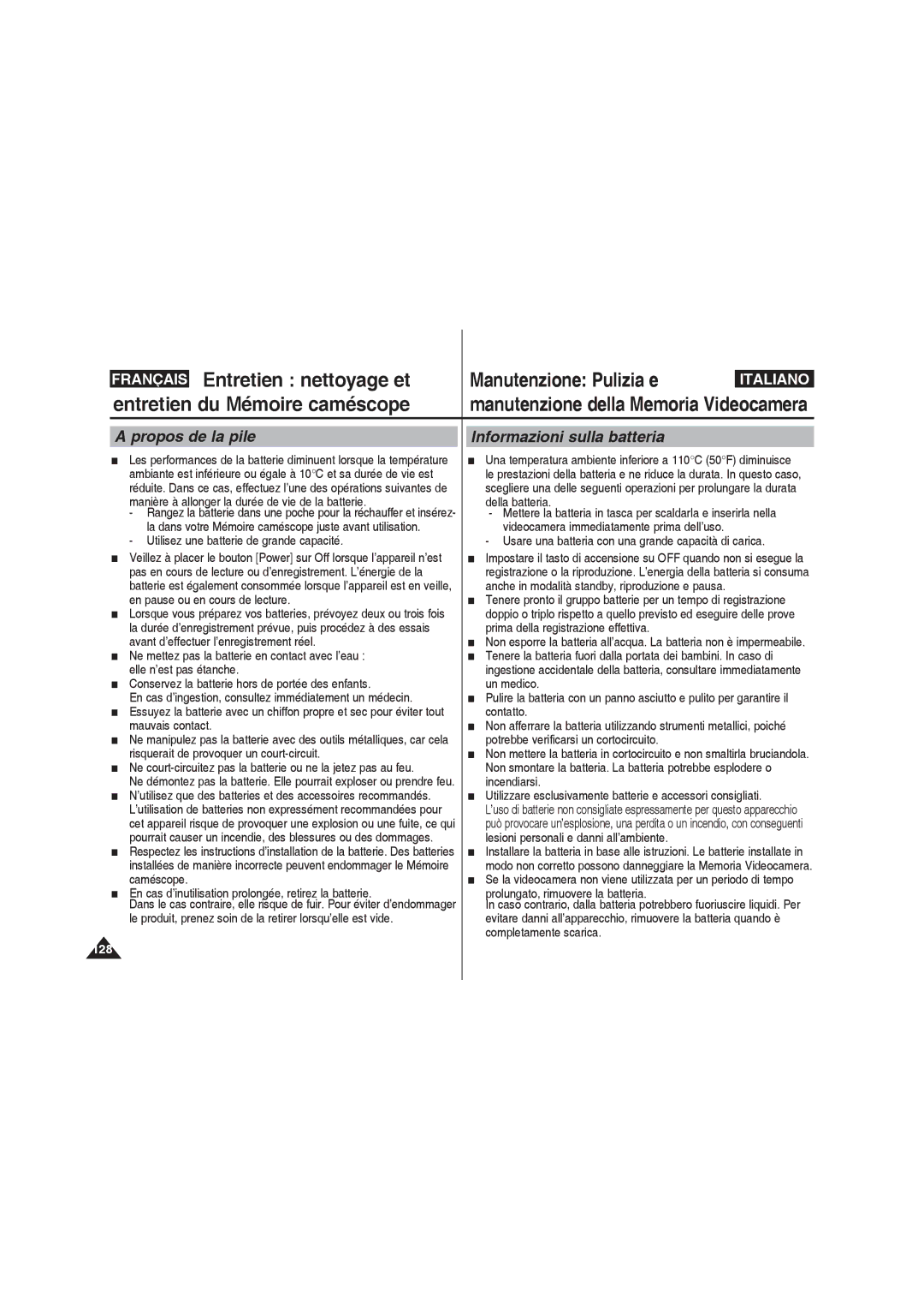 Samsung VP-MM11S/XEF manual Propos de la pile, Informazioni sulla batteria, Utilisez une batterie de grande capacité 