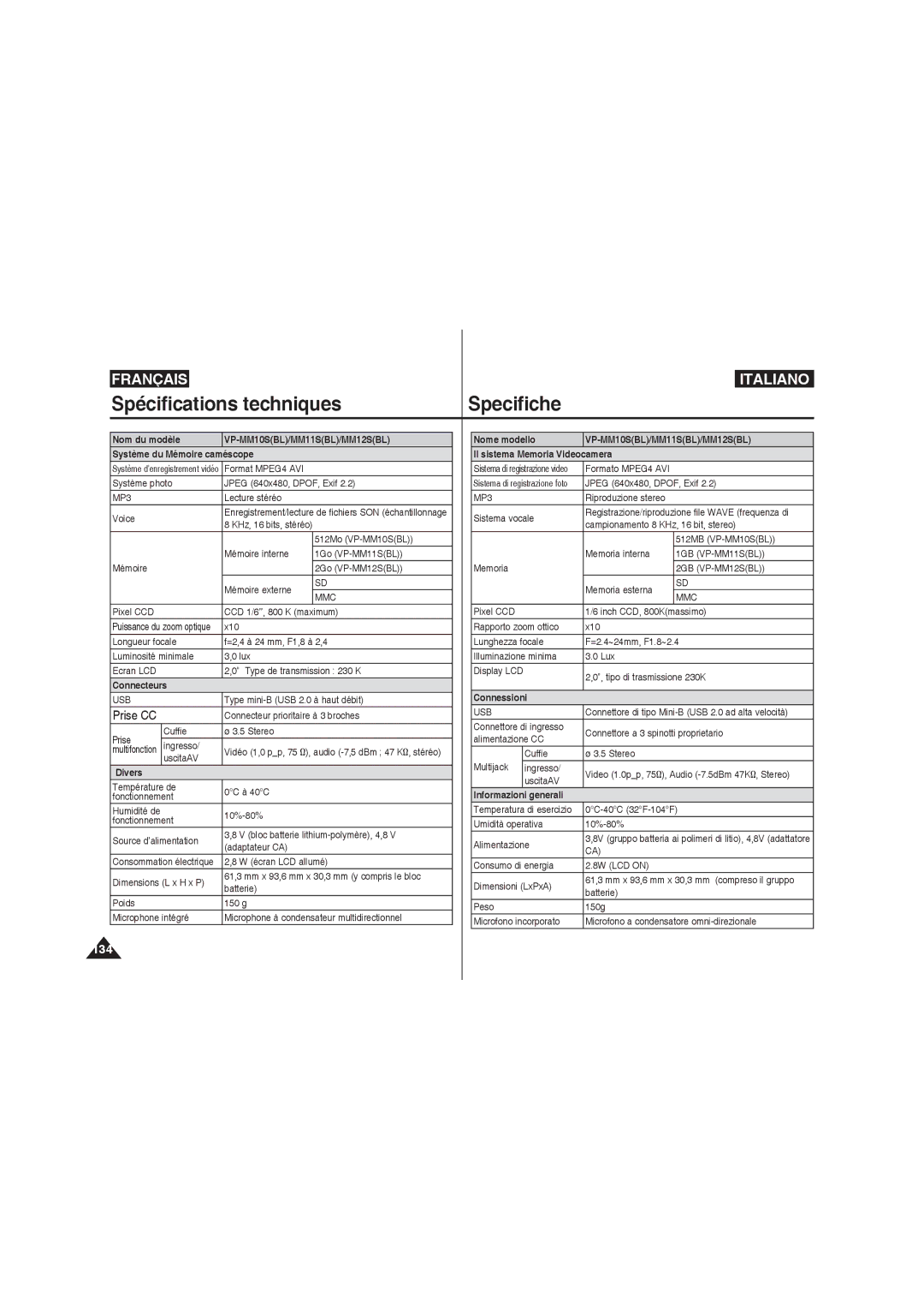 Samsung VP-MM12S/XET, VP-MM11S/XEF, VP-MM11S/XET, VP-MM12BL/XET manual Spécifications techniques Specifiche, Prise CC 