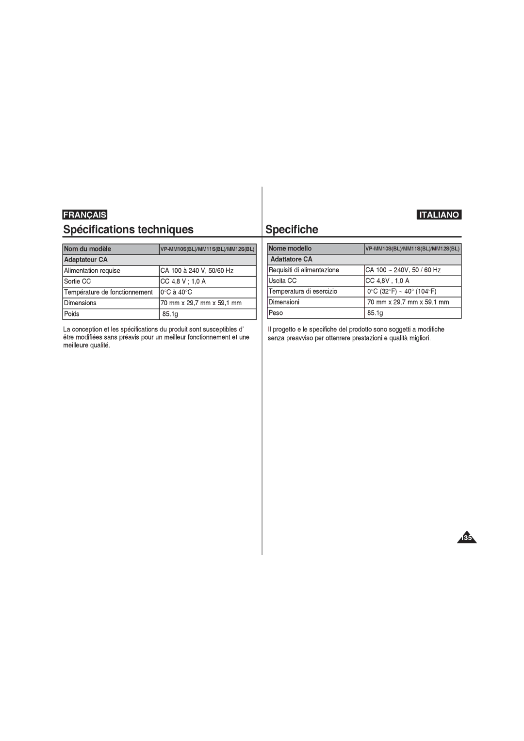 Samsung VP-MM12BL/XET, VP-MM11S/XEF, VP-MM11S/XET, VP-MM12S/XET Nom du modèle, Adaptateur CA, Nome modello, Adattatore CA 