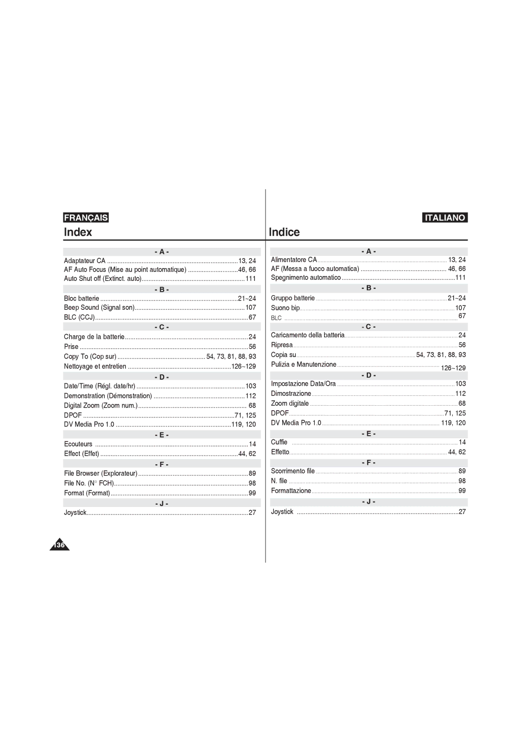 Samsung VP-MM11S/XEF, VP-MM11S/XET, VP-MM12S/XET, VP-MM12BL/XET manual Index Indice 