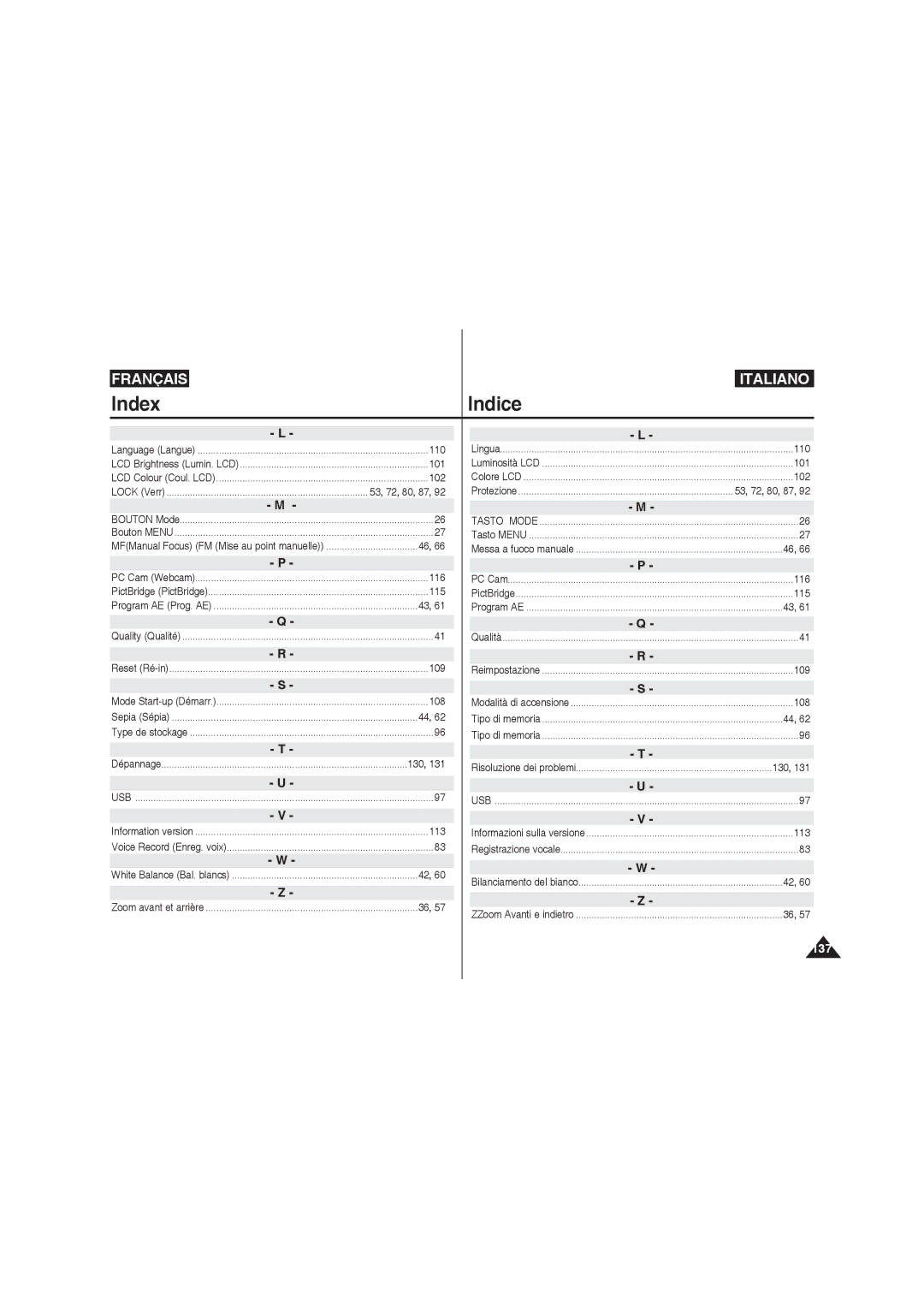 Samsung VP-MM11S/XET, VP-MM11S/XEF, VP-MM12S/XET, VP-MM12BL/XET manual 53, 72, 80, 87, 130 