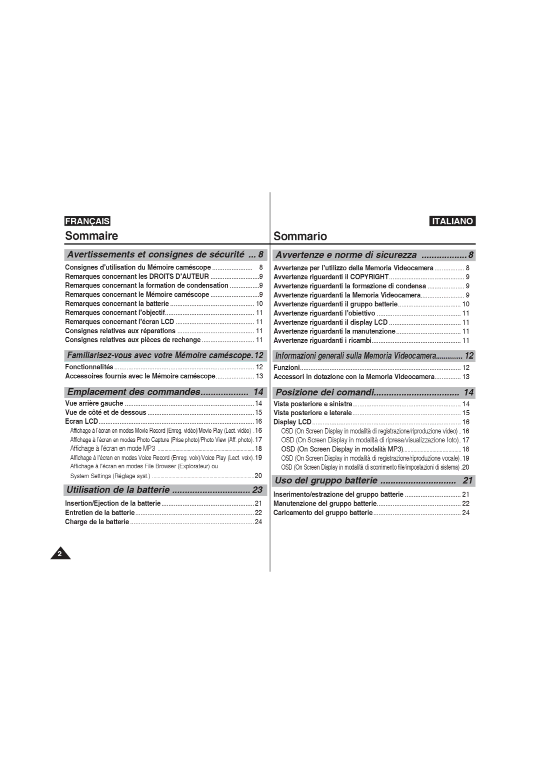 Samsung VP-MM12S/XET, VP-MM11S/XEF, VP-MM11S/XET, VP-MM12BL/XET manual Emplacement des commandes, Uso del gruppo batterie 