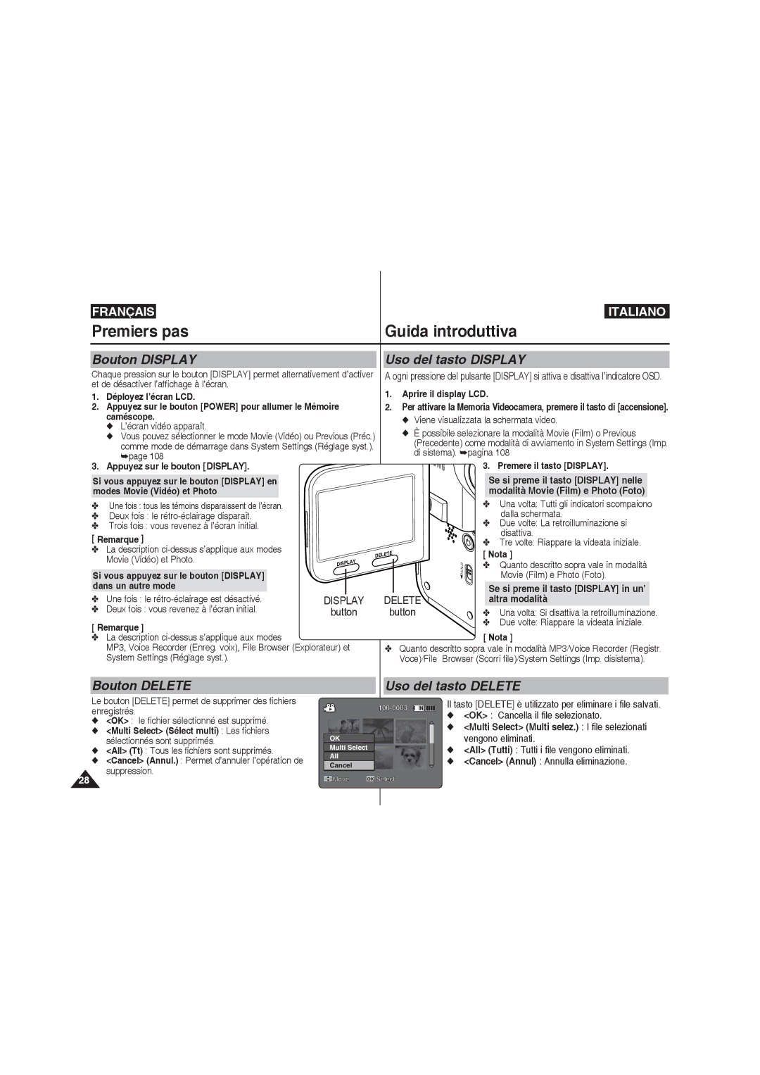 Samsung VP-MM11S/XEF, VP-MM11S/XET Bouton Display Uso del tasto Display, Bouton Delete Uso del tasto Delete, Button button 