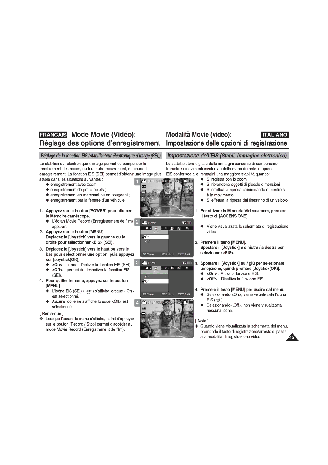 Samsung VP-MM11S/XET Droite pour sélectionner EIS SEI, Selezionare EIS, On Attiva la funzione EIS, Eis, Nessuna icona 