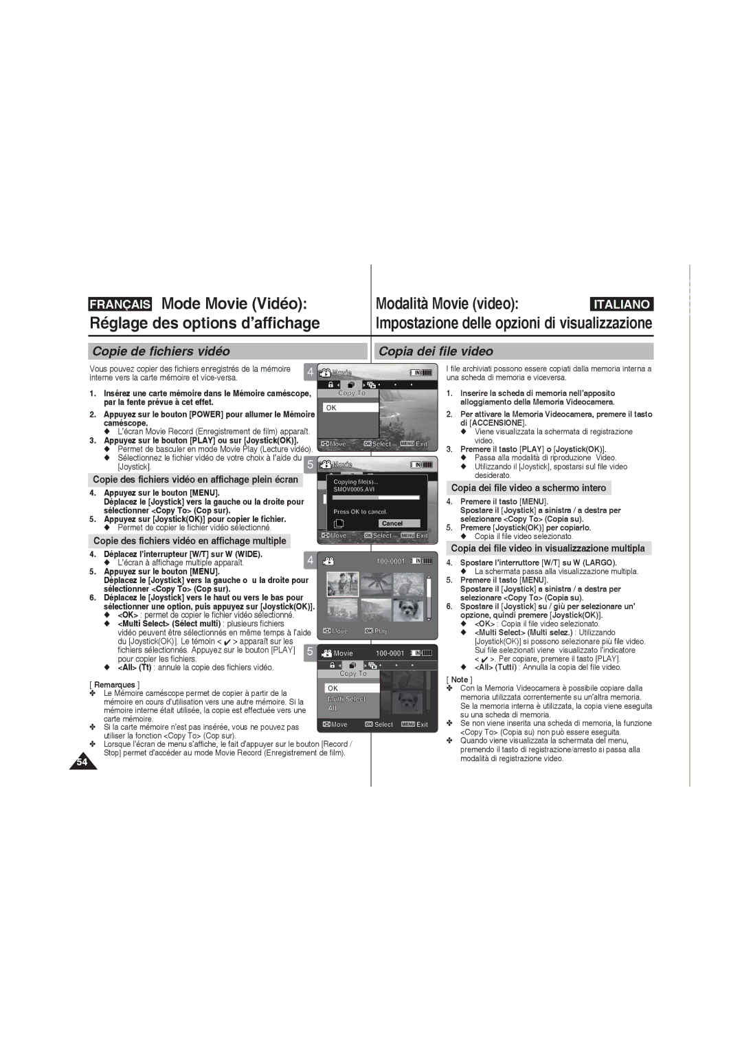 Samsung VP-MM12S/XET, VP-MM11S/XEF Copie de fichiers vidéo Copia dei file video, Copia dei file video a schermo intero 