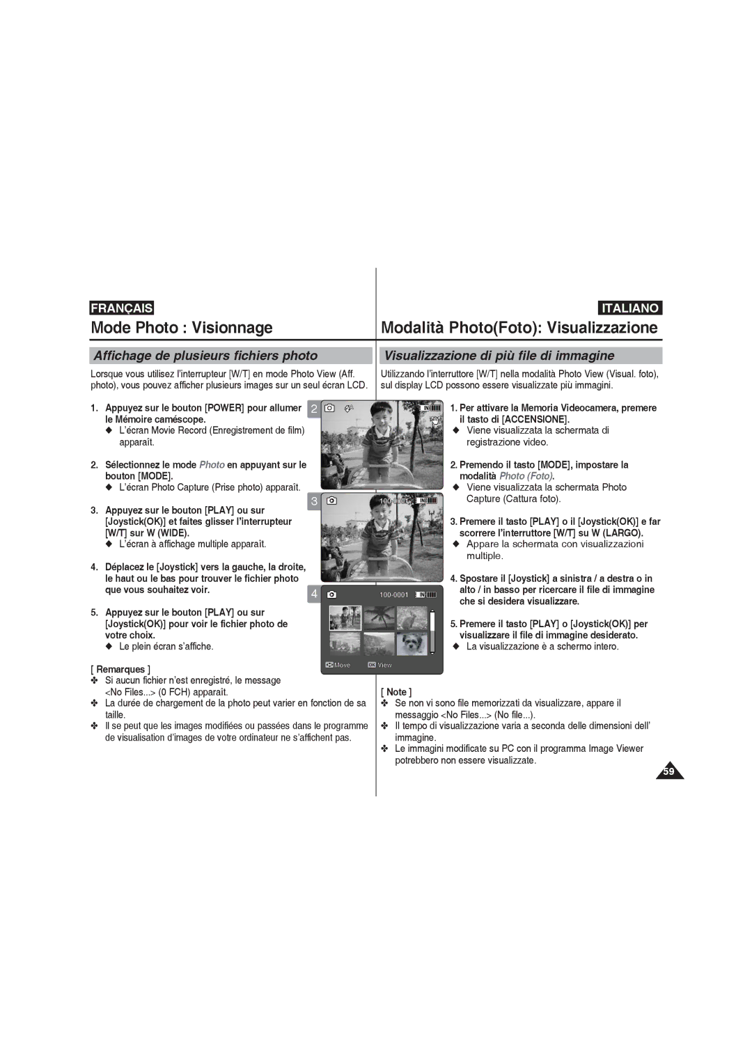 Samsung VP-MM12BL/XET, VP-MM11S/XEF manual Affichage de plusieurs fichiers photo, Visualizzazione di più file di immagine 