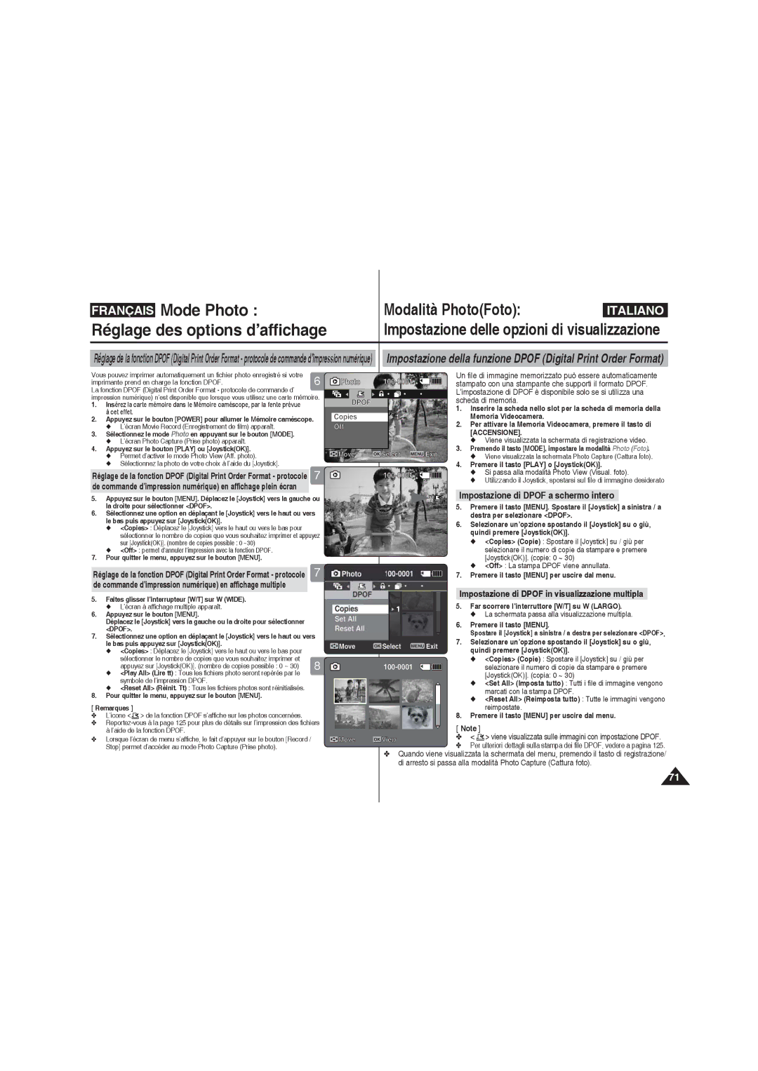 Samsung VP-MM12BL/XET manual Impostazione di Dpof a schermo intero, Impostazione di Dpof in visualizzazione multipla 