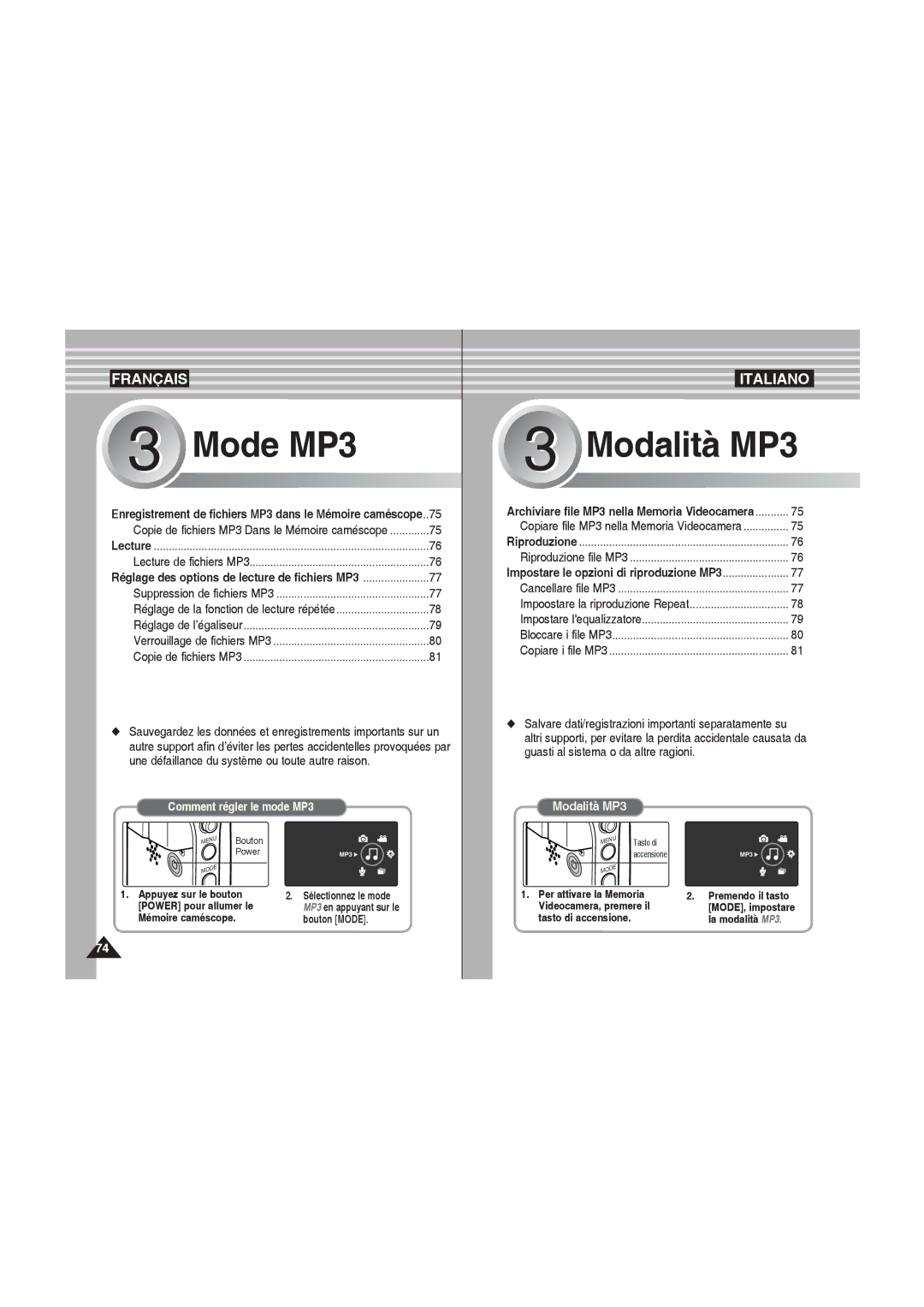 Samsung VP-MM12S/XET, VP-MM11S/XEF manual Copie de fichiers MP3 Dans le Mémoire caméscope, Impoostare la riproduzione Repeat 