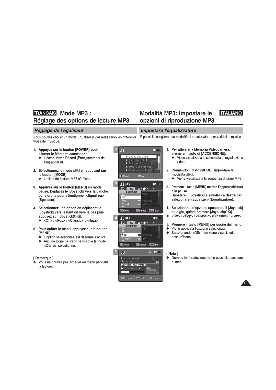 Samsung VP-MM12BL/XET Réglage de l’égaliseur, Impostare lequalizzatore, Premendo il tasto MODE, impostare la modalità MP3 