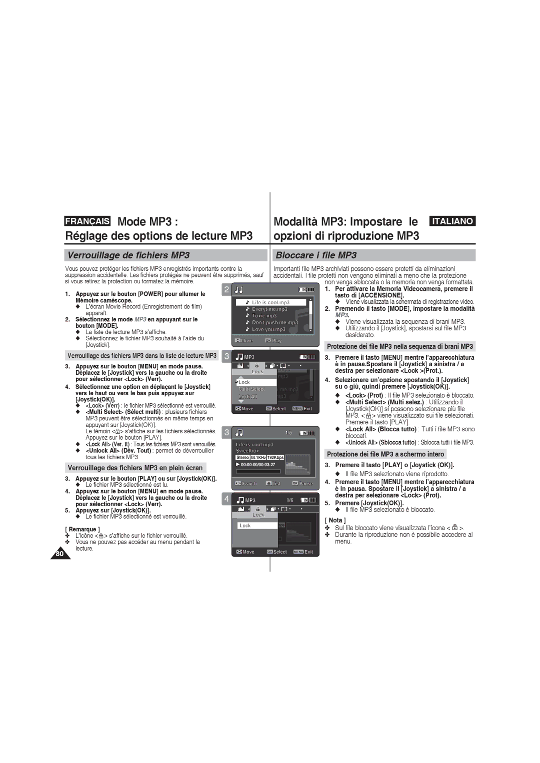 Samsung VP-MM11S/XEF, VP-MM11S/XET, VP-MM12S/XET, VP-MM12BL/XET manual Verrouillage de fichiers MP3 Bloccare i file MP3 