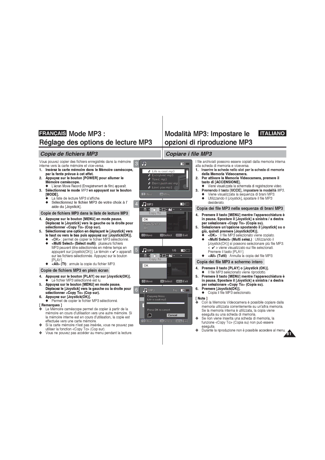 Samsung VP-MM11S/XET, VP-MM11S/XEF manual Copie de fichiers MP3 Copiare i file MP3, Copie de fichiers MP3 en plein écran 