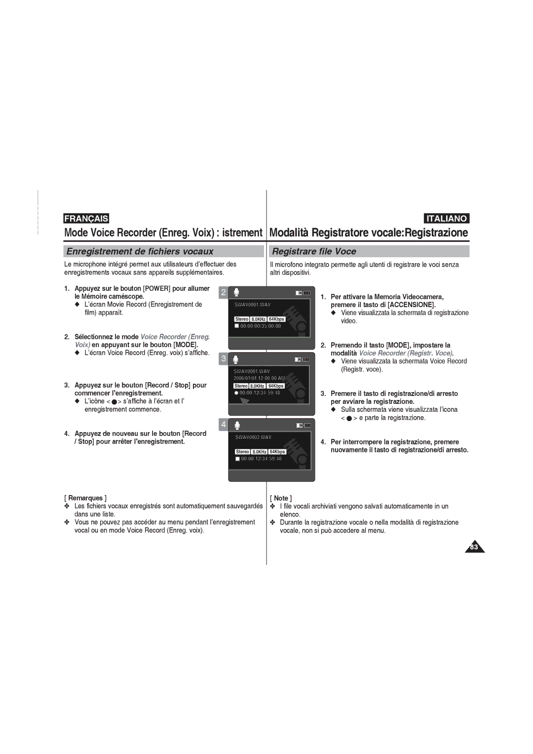 Samsung VP-MM12BL/XET Enregistrement de fichiers vocaux Registrare file Voce, Registr. voce, Per avviare la registrazione 