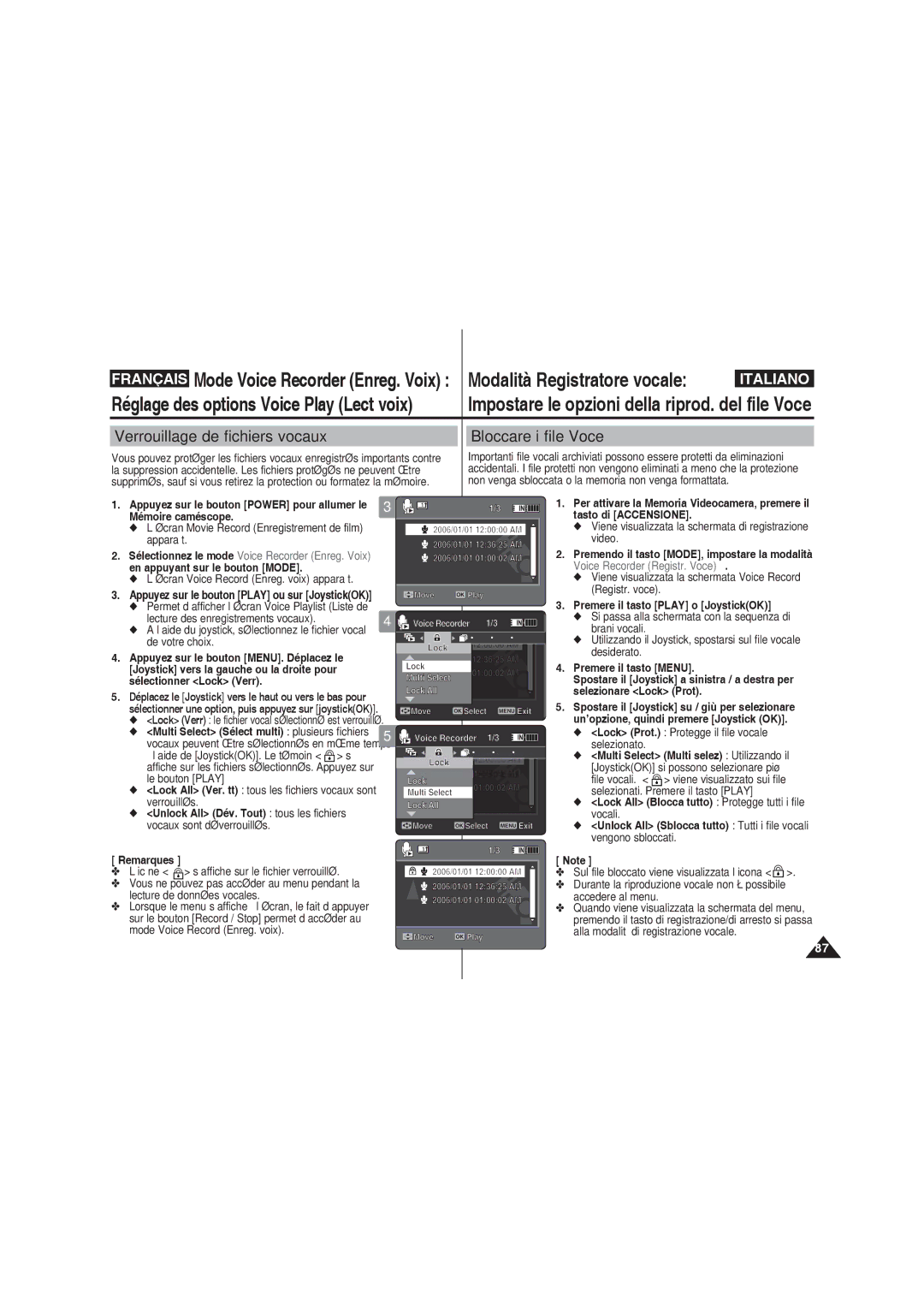 Samsung VP-MM12BL/XET, VP-MM11S/XEF, VP-MM11S/XET, VP-MM12S/XET manual Verrouillage de fichiers vocaux, Bloccare i file Voce 