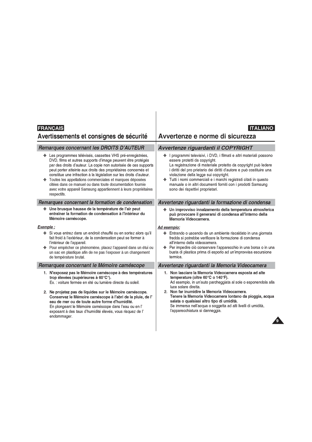 Samsung VP-MM11S/XET, VP-MM11S/XEF, VP-MM12S/XET, VP-MM12BL/XET manual Avvertenze e norme di sicurezza 