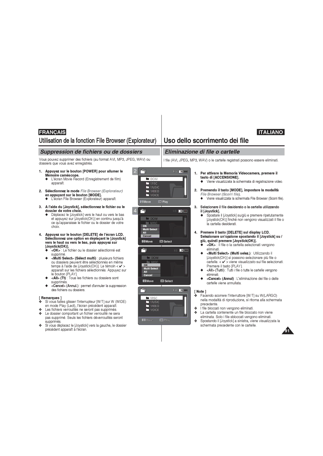 Samsung VP-MM12BL/XET Suppression de fichiers ou de dossiers, Eliminazione di file o cartelle, Dossier de votre choix 