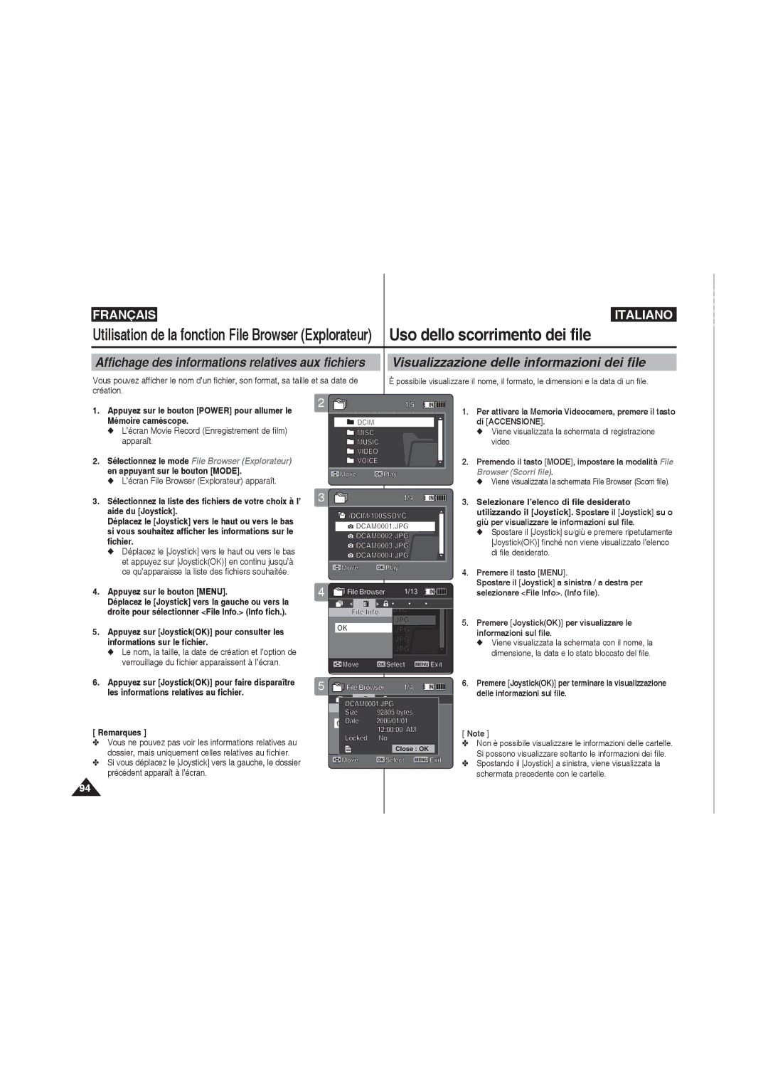 Samsung VP-MM12S/XET manual Affichage des informations relatives aux fichiers, Visualizzazione delle informazioni dei file 