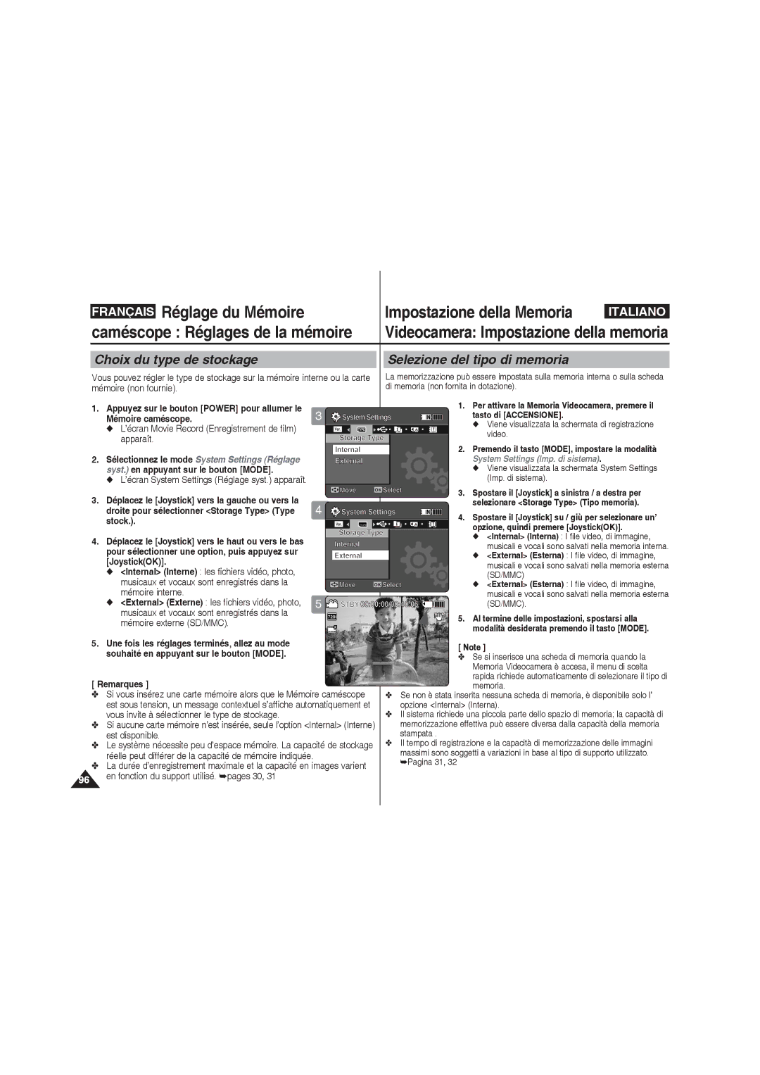 Samsung VP-MM11S/XEF, VP-MM11S/XET manual Réglage du Mémoire Impostazione della Memoria, Caméscope Réglages de la mémoire 