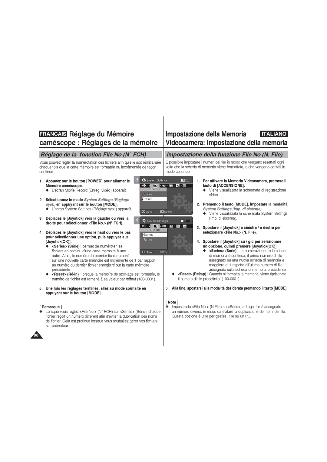 Samsung VP-MM12S/XET, VP-MM11S/XEF manual Réglage de la fonction File No N FCH, Impostazione della funzione File No N. File 