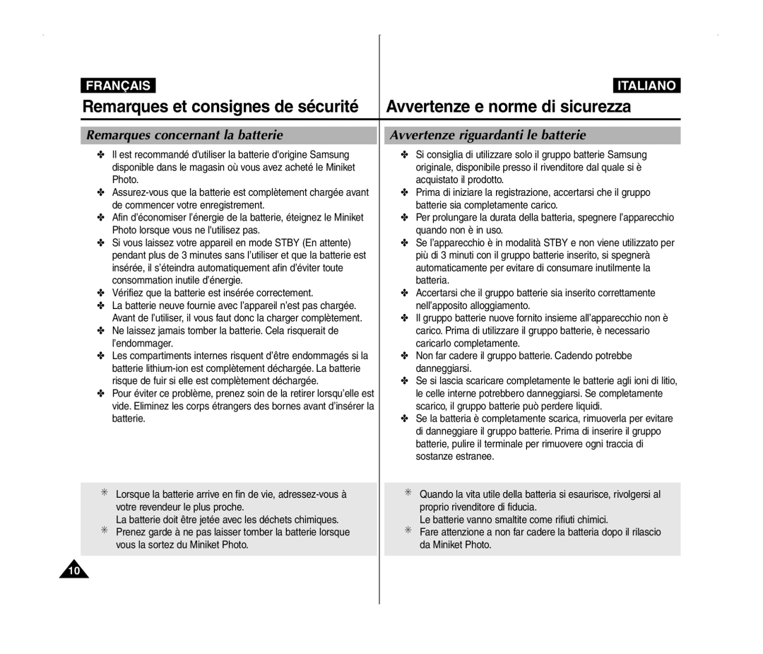 Samsung VP-MM12S/XET, VP-MM11S/XEF, VP-MM11S/XET manual Remarques concernant la batterie, Avvertenze riguardanti le batterie 