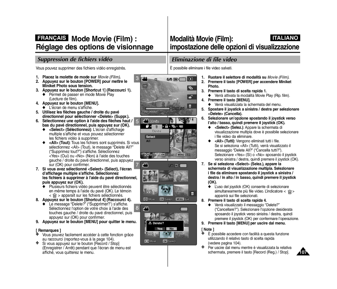 Samsung VP-MM12BL/XET, VP-MM11S/XEF, VP-MM11S/XET, VP-MM12S/XET Suppression de fichiers vidéo Eliminazione di file video 