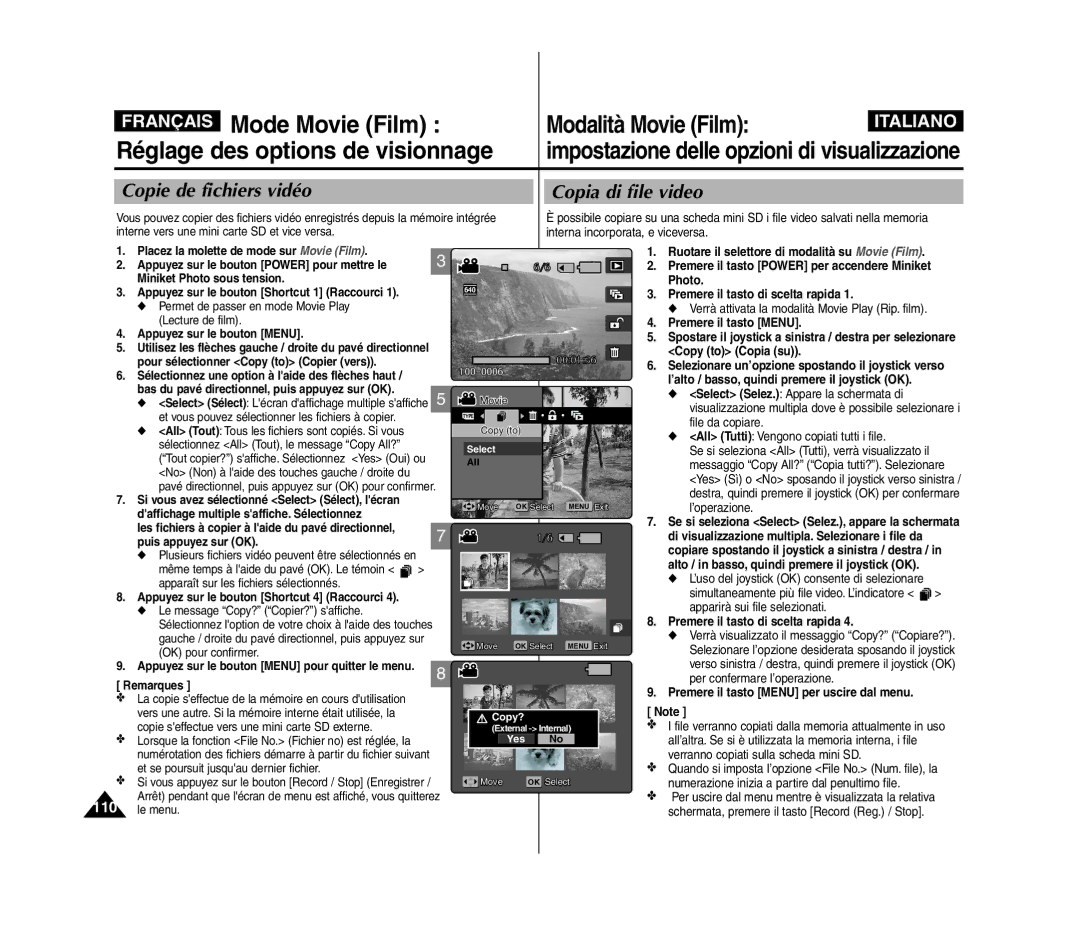 Samsung VP-MM12S/XET manual Copie de fichiers vidéo Copia di file video, Si vous avez sélectionné Select Sélect, lécran 