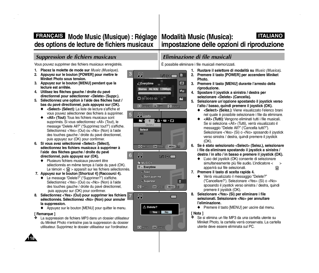 Samsung VP-MM12S/XET, VP-MM11S/XEF manual Suppression de fichiers musicaux, Eliminazione di file musicali, La suppression 