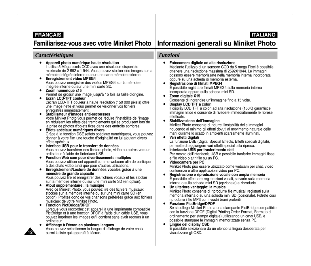 Samsung VP-MM11S/XEF, VP-MM11S/XET, VP-MM12S/XET, VP-MM12BL/XET manual Caractéristiques, Funzioni 