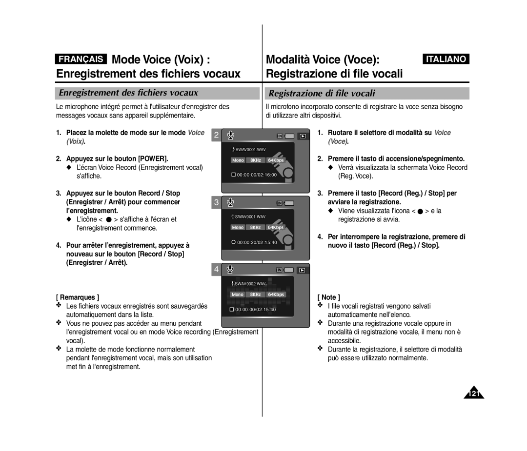 Samsung VP-MM11S/XET, VP-MM11S/XEF, VP-MM12S/XET, VP-MM12BL/XET manual Registrazione di file vocali 