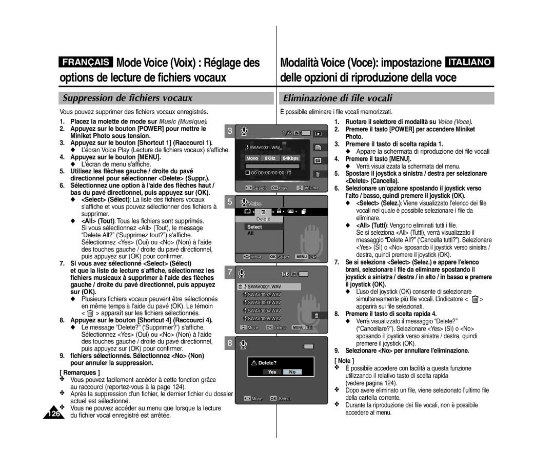 Samsung VP-MM12S/XET, VP-MM11S/XEF, VP-MM11S/XET, VP-MM12BL/XET Suppression de fichiers vocaux Eliminazione di file vocali 