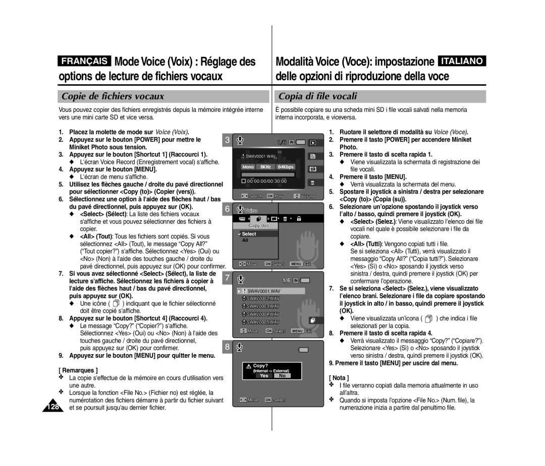 Samsung VP-MM11S/XEF manual Copie de fichiers vocaux, Copia di file vocali, Premere il tasto Menu per uscire dal menu Nota 