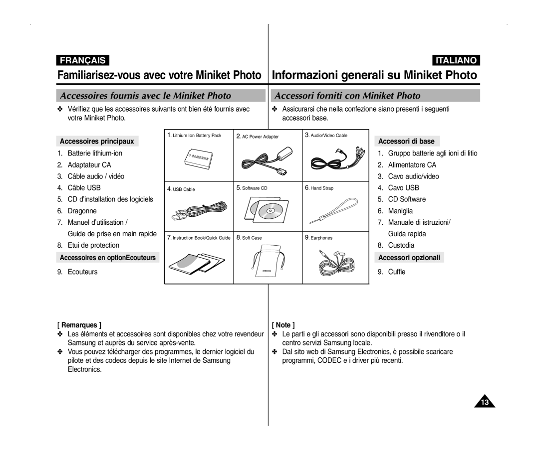 Samsung VP-MM11S/XET manual Informazioni generali su Miniket Photo, Accessoires principaux, Accessori di base, Remarques 