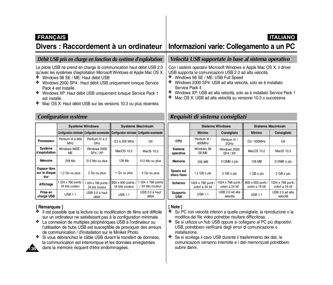 Samsung VP-MM11S/XEF, VP-MM11S/XET manual Requisiti di sistema consigliati, Dans la mémoire risquent dêtre endommagées 