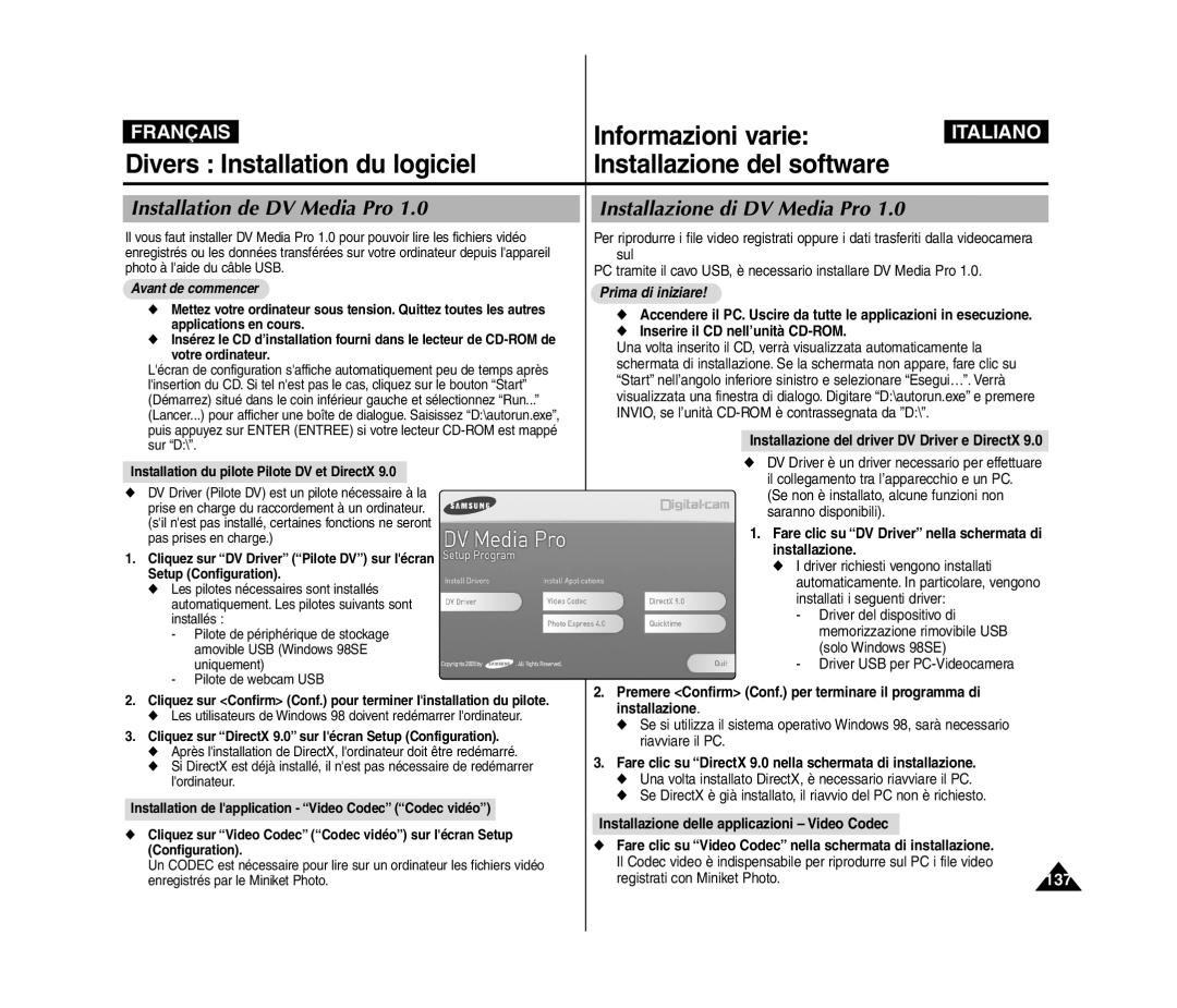 Samsung VP-MM11S/XET, VP-MM11S/XEF manual Informazioni varie, Divers Installation du logiciel, Installazione del software 