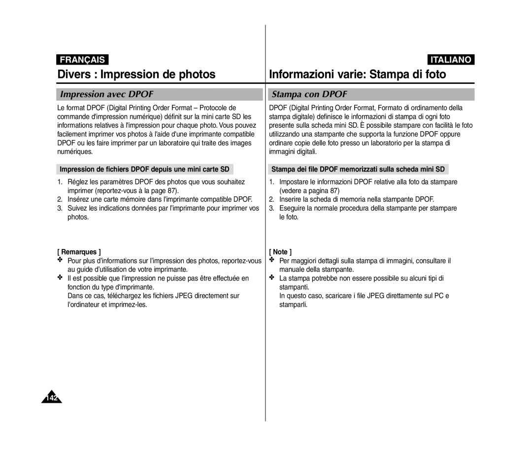 Samsung VP-MM12S/XET manual Impression avec Dpof Stampa con Dpof, Impression de fichiers Dpof depuis une mini carte SD 