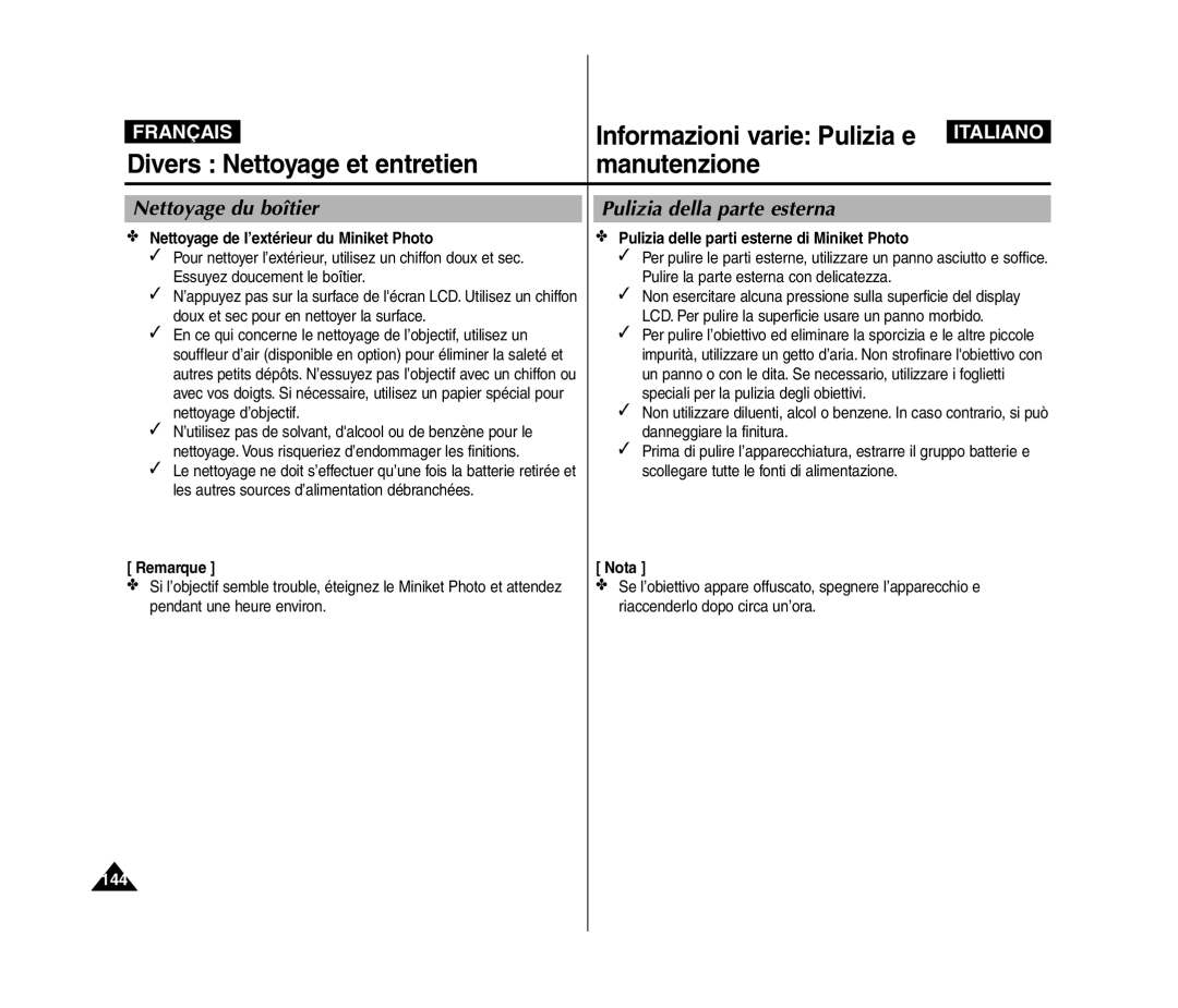 Samsung VP-MM11S/XEF manual Nettoyage du boîtier, Pulizia della parte esterna, Nettoyage de l’extérieur du Miniket Photo 