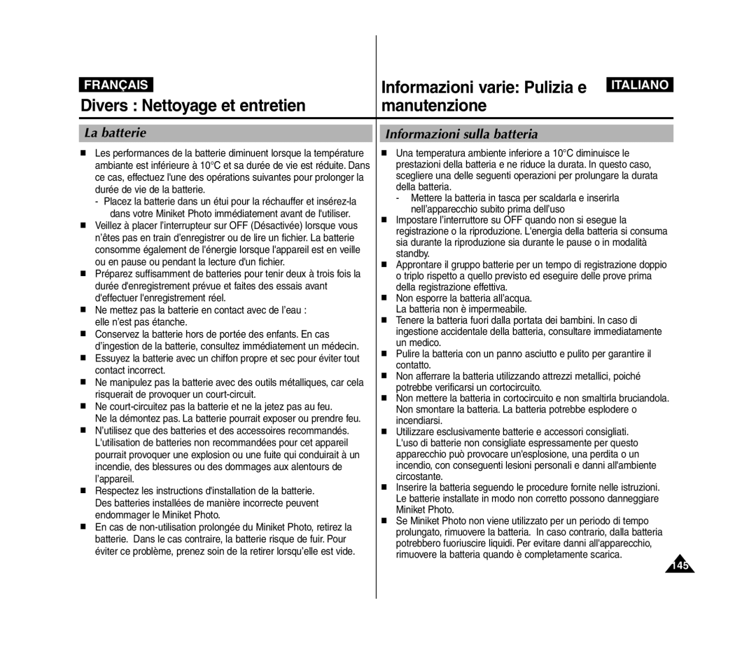 Samsung VP-MM11S/XET, VP-MM11S/XEF, VP-MM12S/XET, VP-MM12BL/XET manual La batterie, Informazioni sulla batteria 