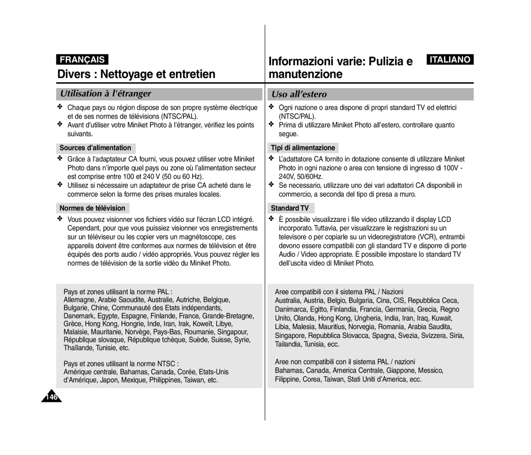 Samsung VP-MM12S/XET, VP-MM11S/XEF, VP-MM11S/XET, VP-MM12BL/XET manual Utilisation à létranger, Uso all’estero 