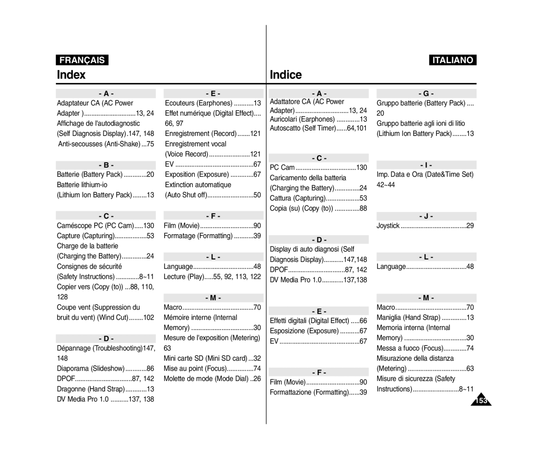 Samsung VP-MM11S/XET, VP-MM11S/XEF, VP-MM12S/XET, VP-MM12BL/XET manual Index 