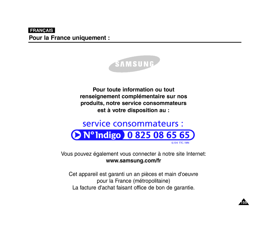 Samsung VP-MM12BL/XET, VP-MM11S/XEF, VP-MM11S/XET, VP-MM12S/XET manual Pour la France uniquement 