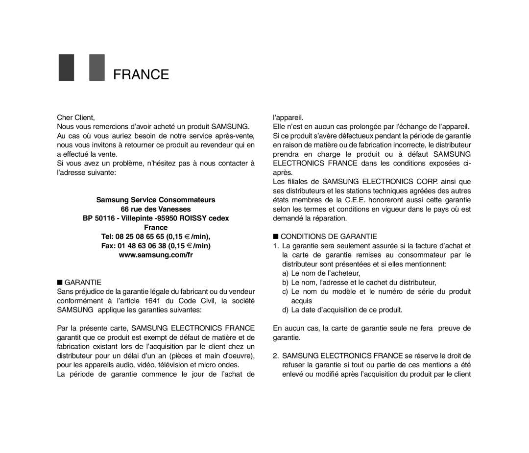 Samsung VP-MM11S/XET, VP-MM11S/XEF, VP-MM12S/XET, VP-MM12BL/XET manual France 