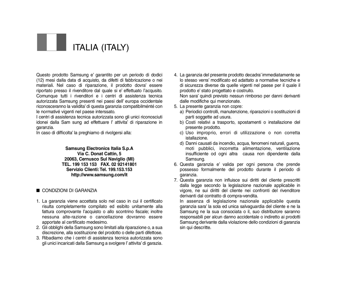 Samsung VP-MM12BL/XET, VP-MM11S/XEF, VP-MM11S/XET, VP-MM12S/XET manual Italia Italy 