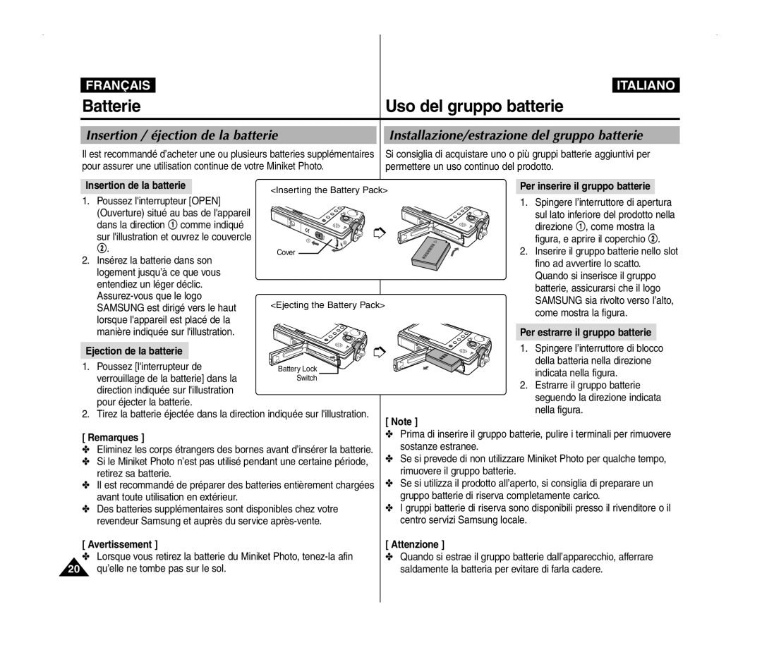 Samsung VP-MM11S/XEF, VP-MM11S/XET, VP-MM12S/XET manual Batterie Uso del gruppo batterie, Insertion / éjection de la batterie 