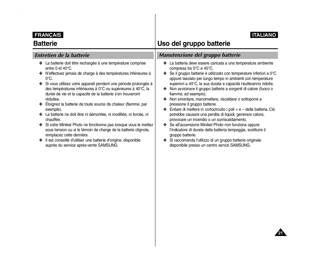 Samsung VP-MM11S/XET, VP-MM11S/XEF, VP-MM12S/XET, VP-MM12BL/XET Entretien de la batterie, Manutenzione del gruppo batterie 