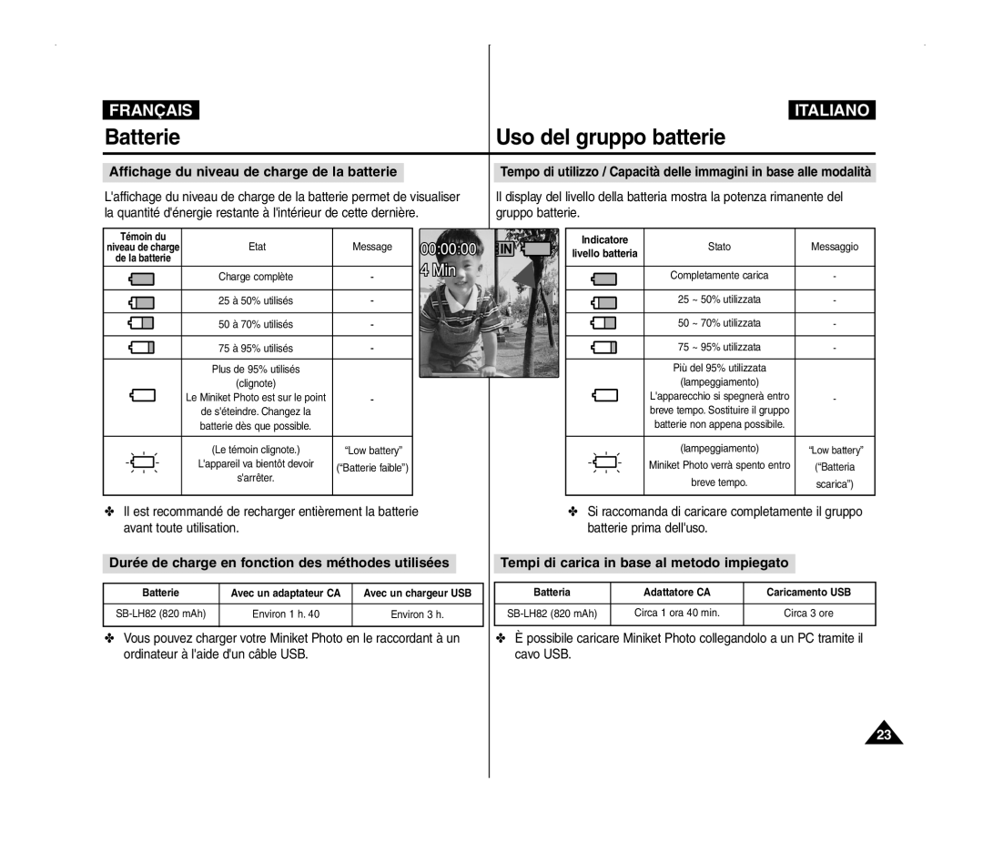 Samsung VP-MM12BL/XET, VP-MM11S/XEF manual Uso del gruppo batterie, Il est recommandé de recharger entièrement la batterie 