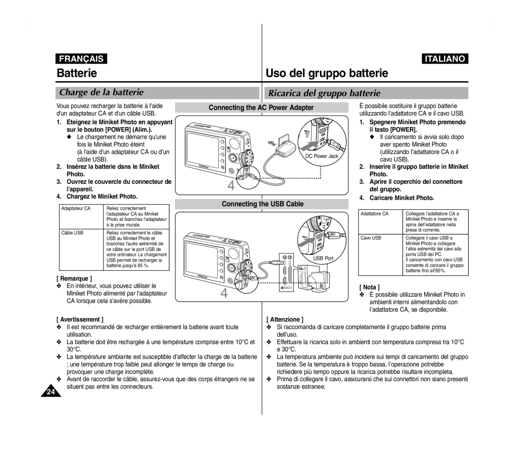 Samsung VP-MM11S/XEF, VP-MM11S/XET Charge de la batterie Ricarica del gruppo batterie, Connecting the AC Power Adapter 