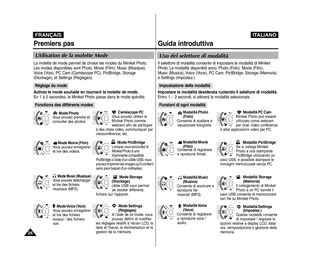 Samsung VP-MM12S/XET manual Premiers pas Guida introduttiva, Utilisation de la molette Mode, Uso del selettore di modalità 